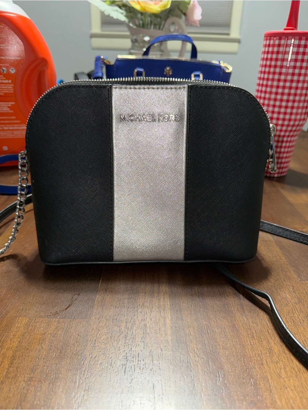 Michael Kors Black and Silver Center-Stripe Crossbody Bag